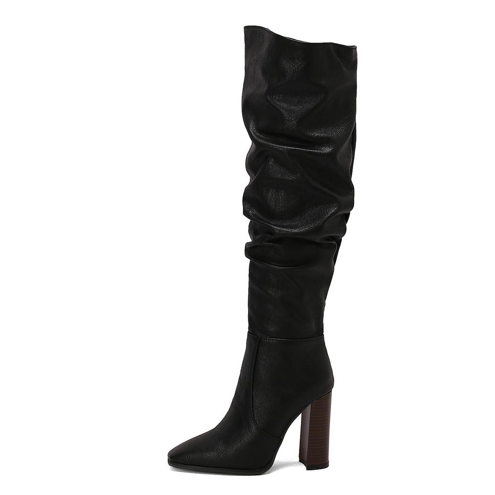Fashion Women Over The Knee Boots Pointed Toe 10cm Block Heels Knee High Boots Pleated Boots Women Shoes 2025 New Zapatos De Mujer