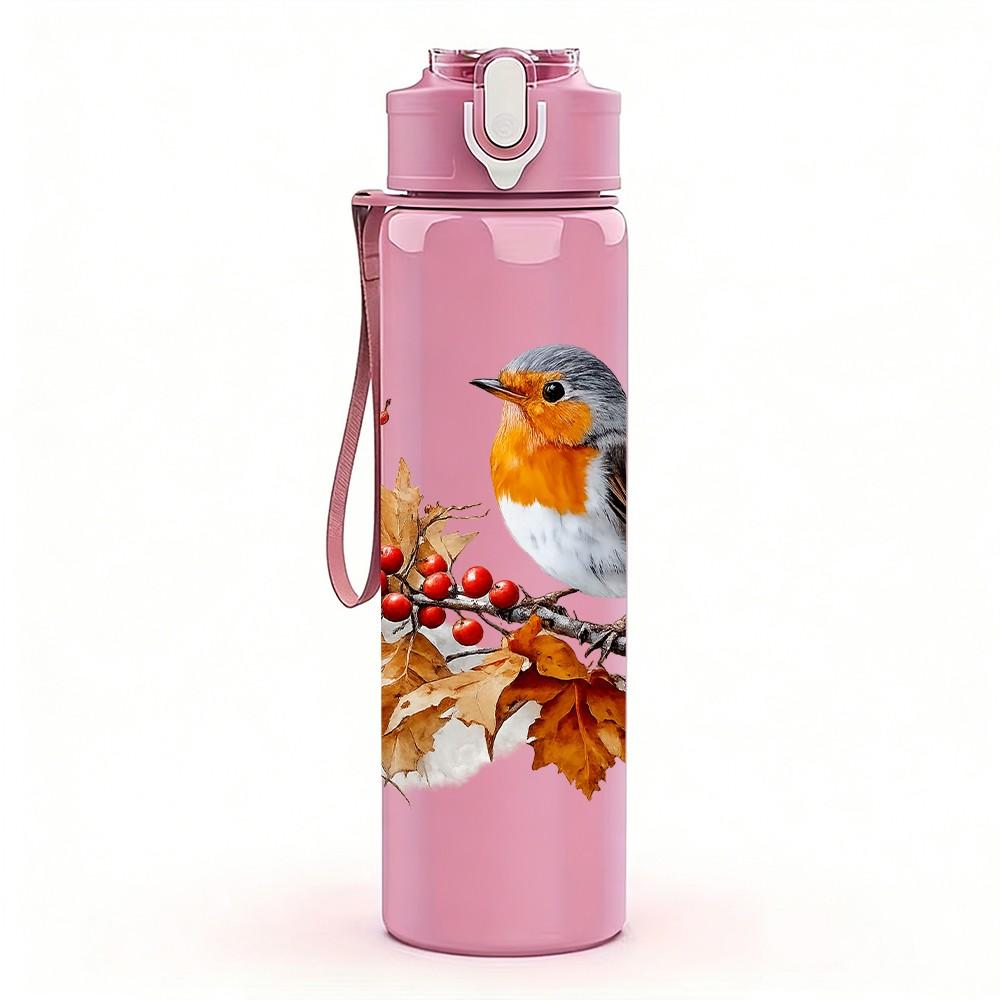 1PC Robin Bird Berry Branch Print 750ml Color Plastic Sports Water Bottle Leakproof Flip Straw Lid Suitable for Sports Office Home Use