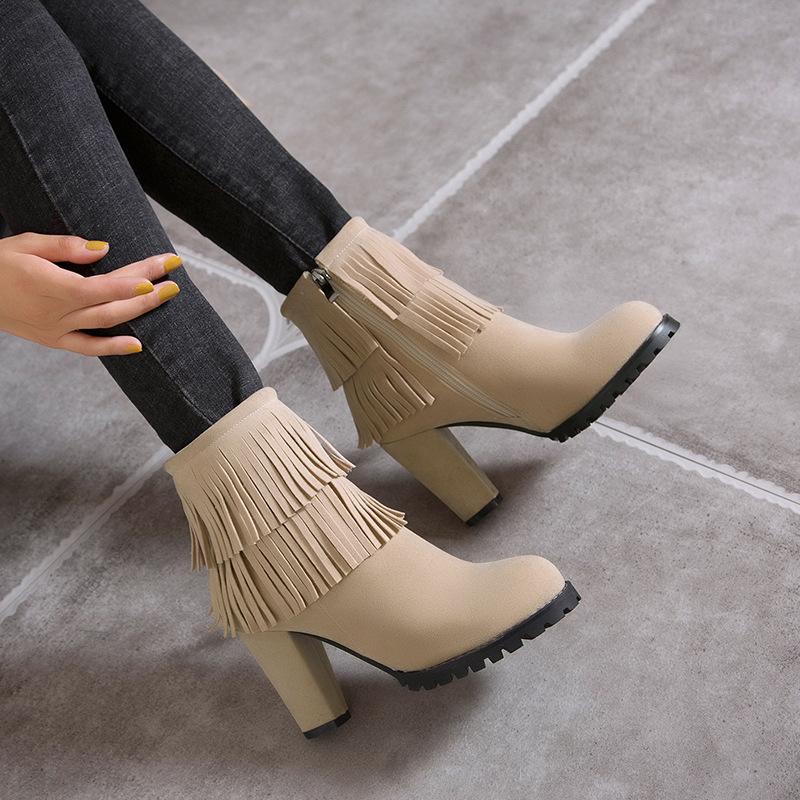Large Size Women's Shoes-Short Tassel Martin Boots Thick Heel Medium Heel Fashion Women's Boots Europe and America