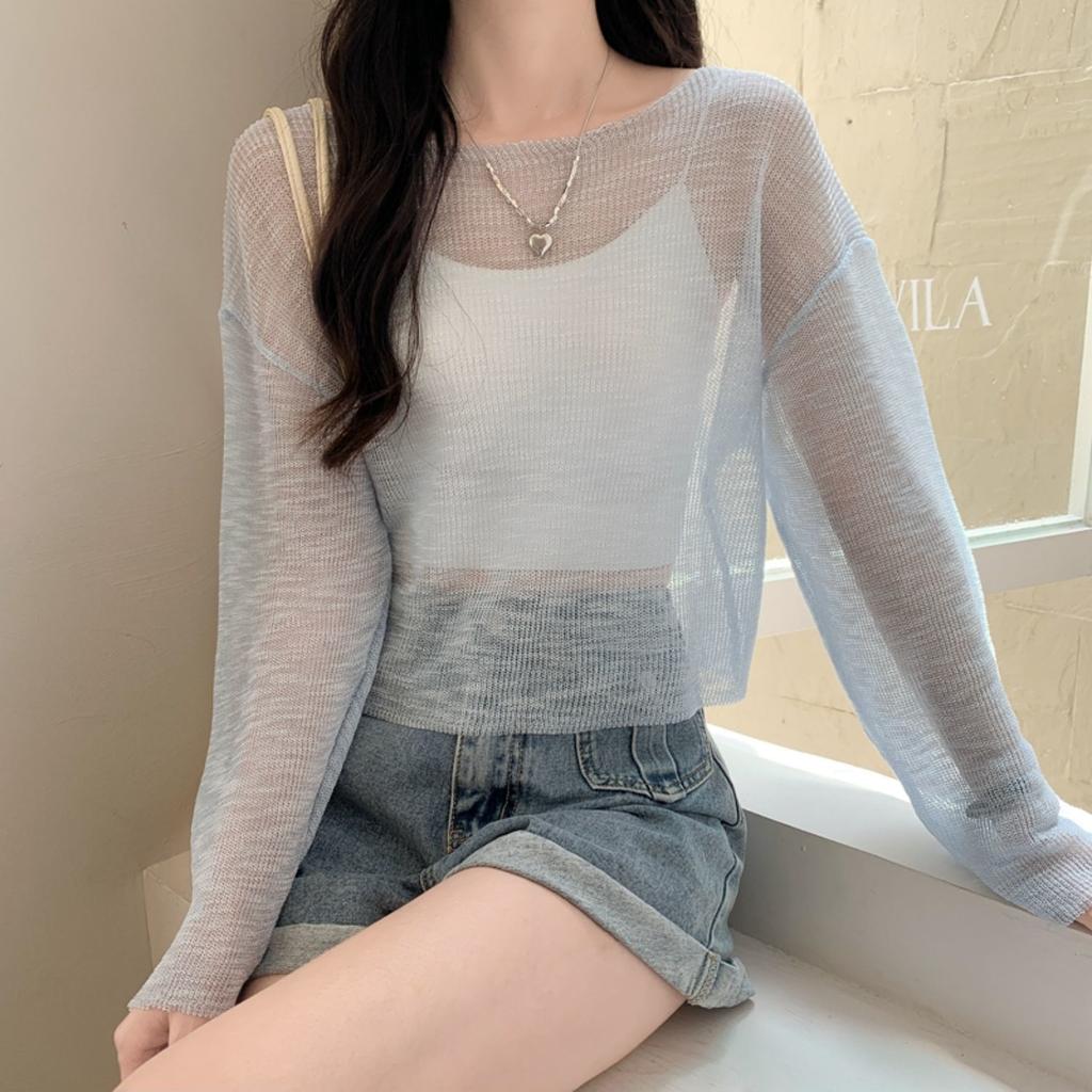 White Ice Silk Short Knit Sun Protection Cardigan Women's Summer Pullover Slim Thin Elegant Outer Wear Mesh Hollow Out Top