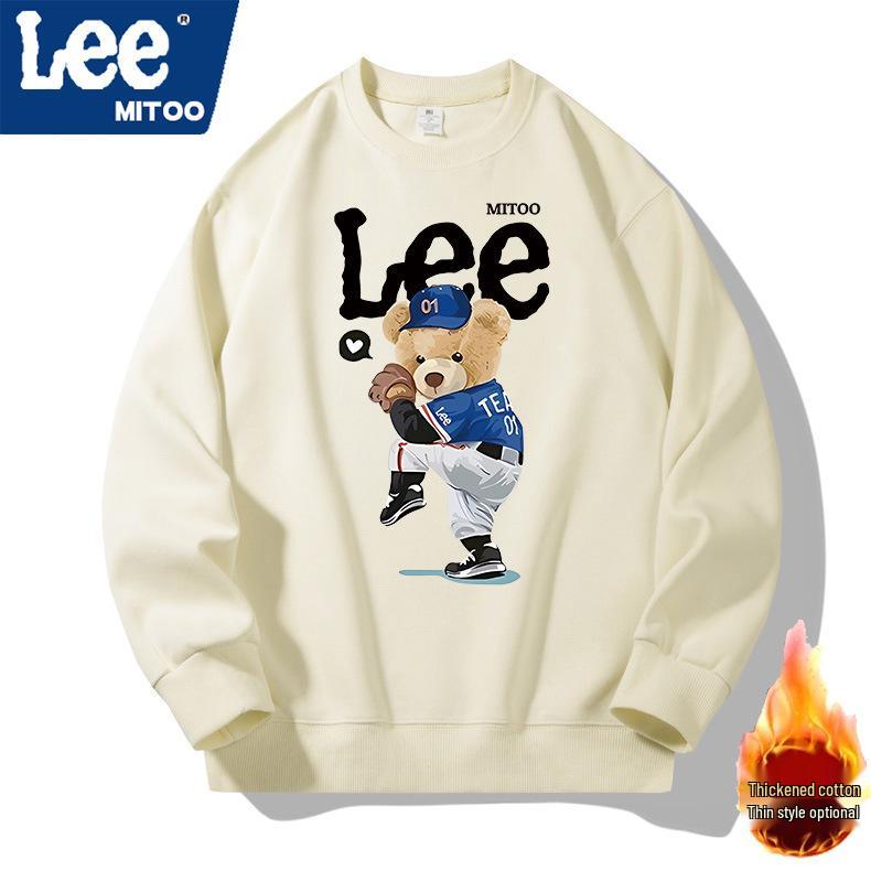 Lee & Mitoo Co-Branded 2025 Men's Fleece-Lined Sweatshirt: American Trendy, Thickened, Long-Sleeve, Couple Style for Autumn/Winter.