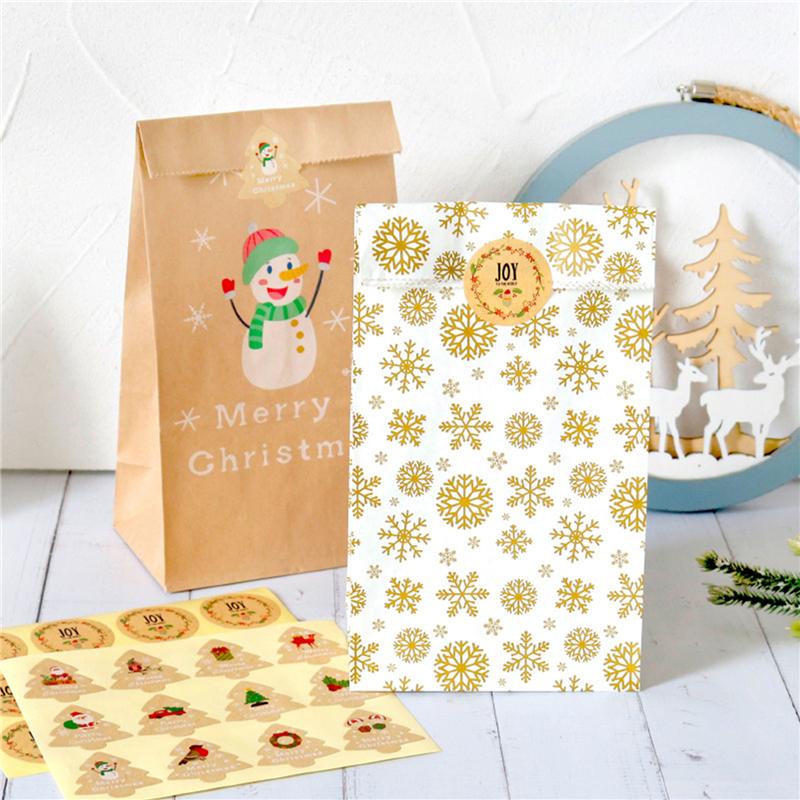 12Set Christmas Gift Bag Kraft Paper Bags Santa Claus Snowman Xmas Party Candy Bag Cookie Xmas Packaging Bag Pouch Wrapping