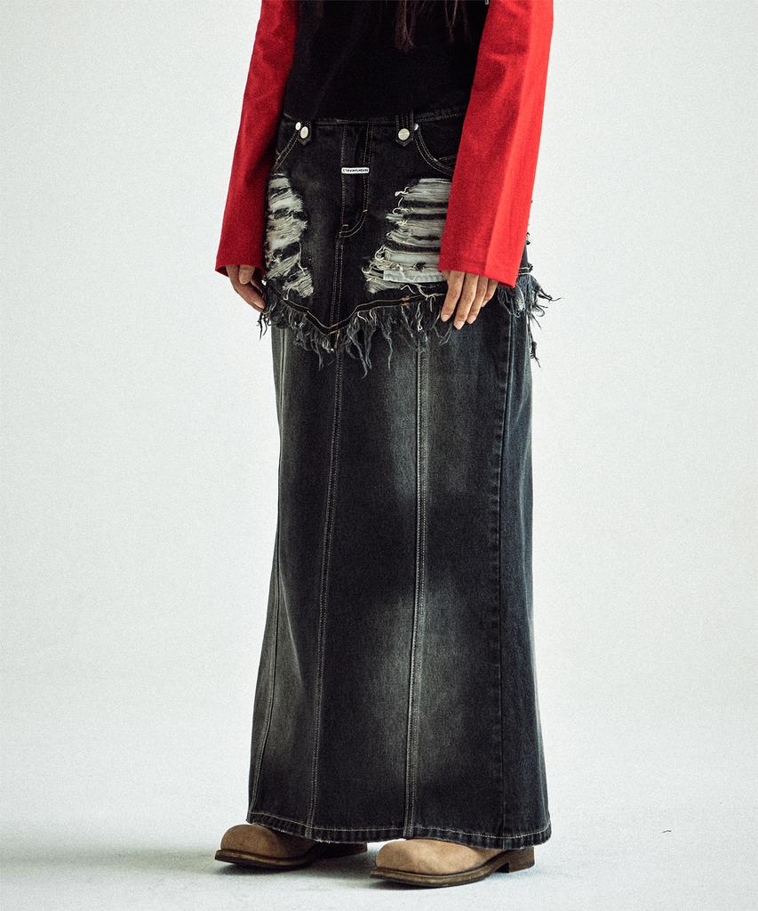 The Vinyl House Destroyed Double Denim Skirt Black