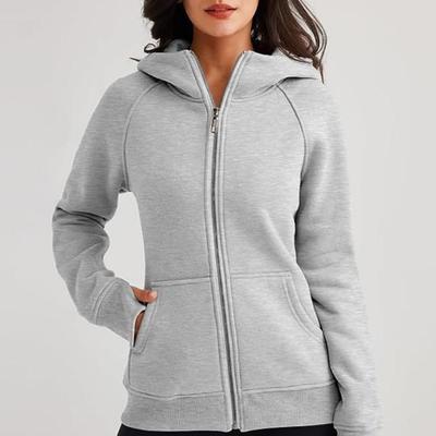 Giacca Felpa con Cappuccio da Donna Foderata in Peluche Tinta Unita Chiusura con Cerniera con Tasche Polsini ed Orlo Elasticizzati Maniche Lunghe Cardigan Cappotto Casual Quotidiano