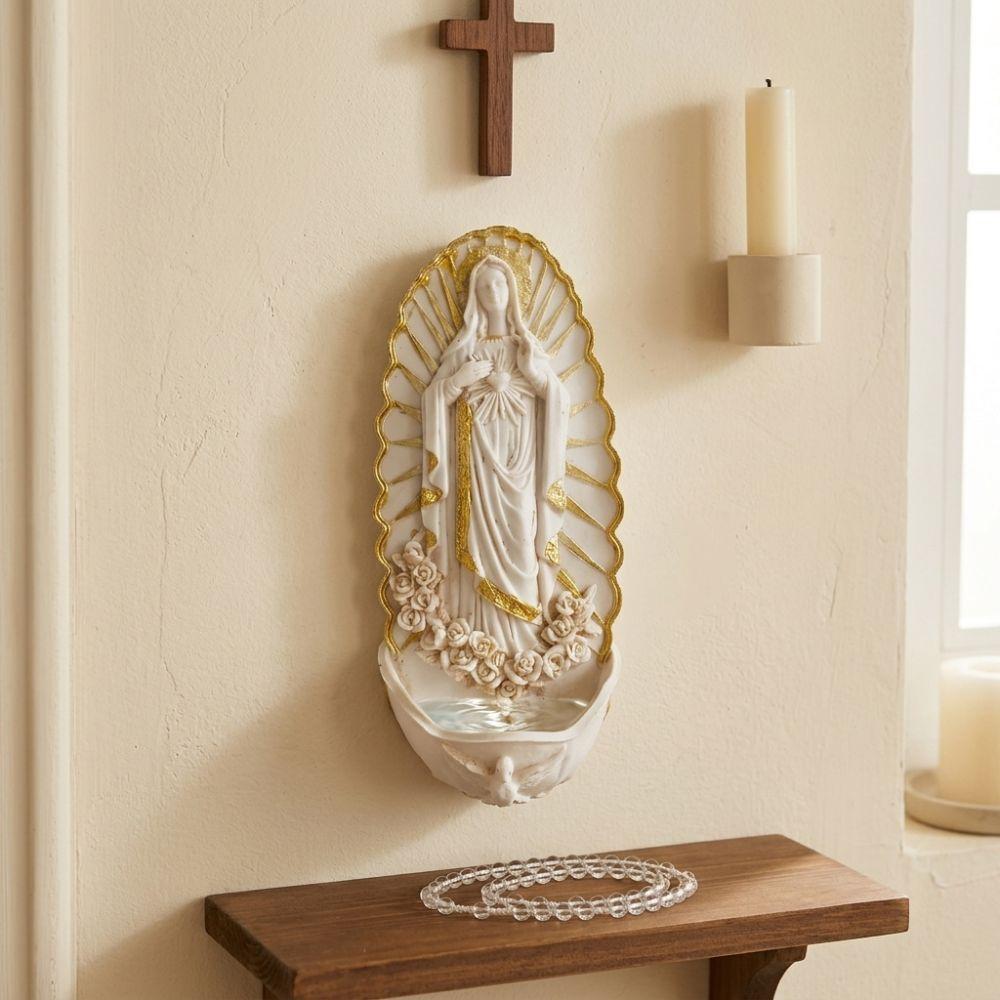 Religious Virgin Mary Holy Water Font Catholic Wall Mounted Mary Wall Hanging Font Hand Painted Rose Carvings