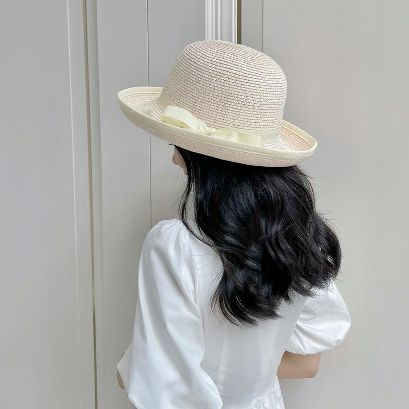 Small Fresh Bow Beige Curled Edge Small Straw Hat Women'S Summer Sunshade Sunscreen Vacation Beach Sun Hat Tide