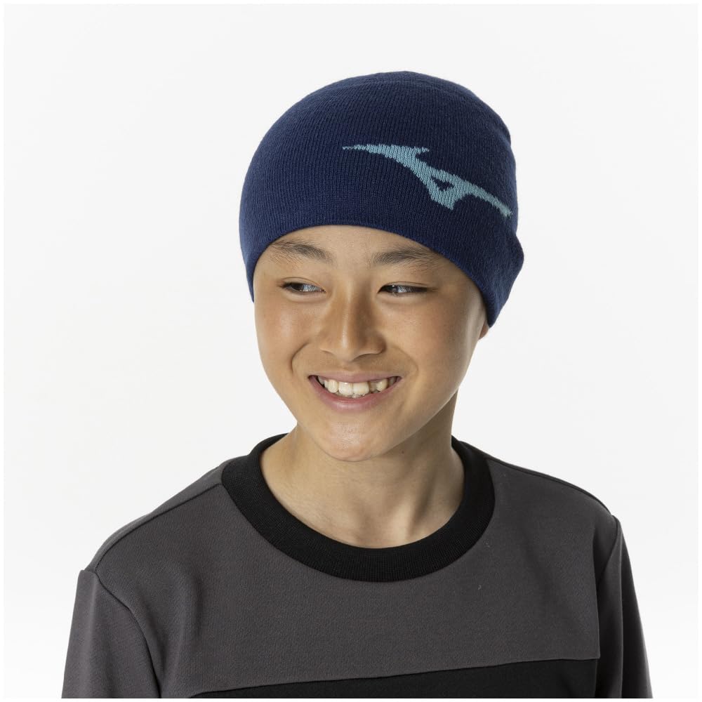 Mizuno Breath Thermo Training Wear Knit Cold Estate Blue Cap, Protection, Moisture-Wicking, Heat-Retaining, Warm, Kids' (Head Circumference 51-56cm),