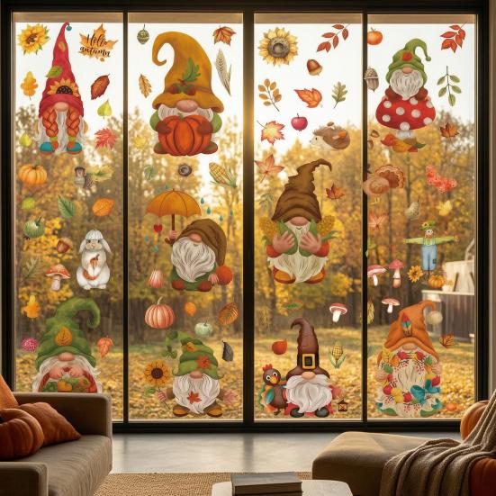 Autumn Theme Window Murals 9Pcs Fall Gnome Static Clings, Thanksgiving Maple Leaf Turkey Pumpkin Removable PVC Glass Clings Stickers, Reusable
