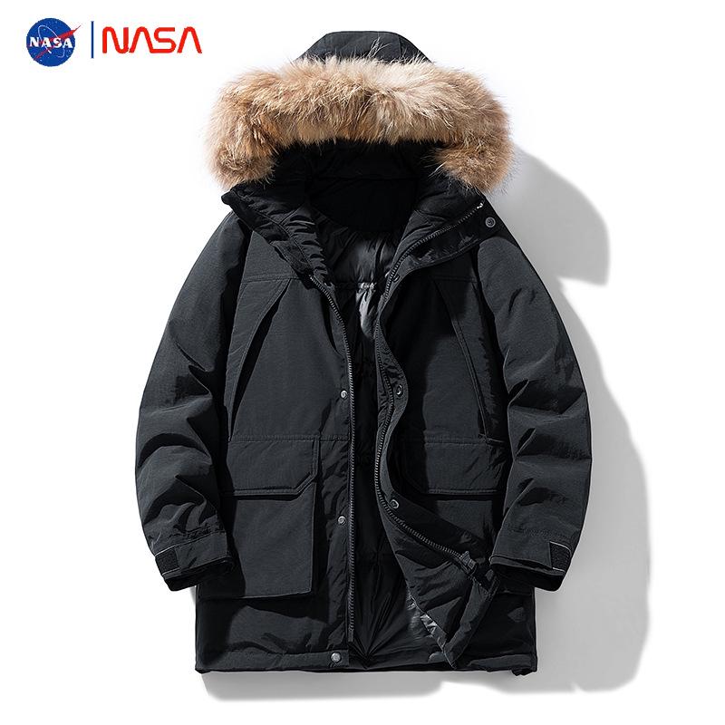 Мужская зимняя парка NASA 90% пух с меховым воротником - Куртка средней длины для улицы 2025 S чёрный