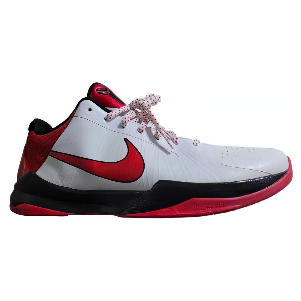 Nike Zoom Kobe 5 Comfortable Abrasion Resistant Breathable Low top Basketball Shoes Unisex White Red 386430-161