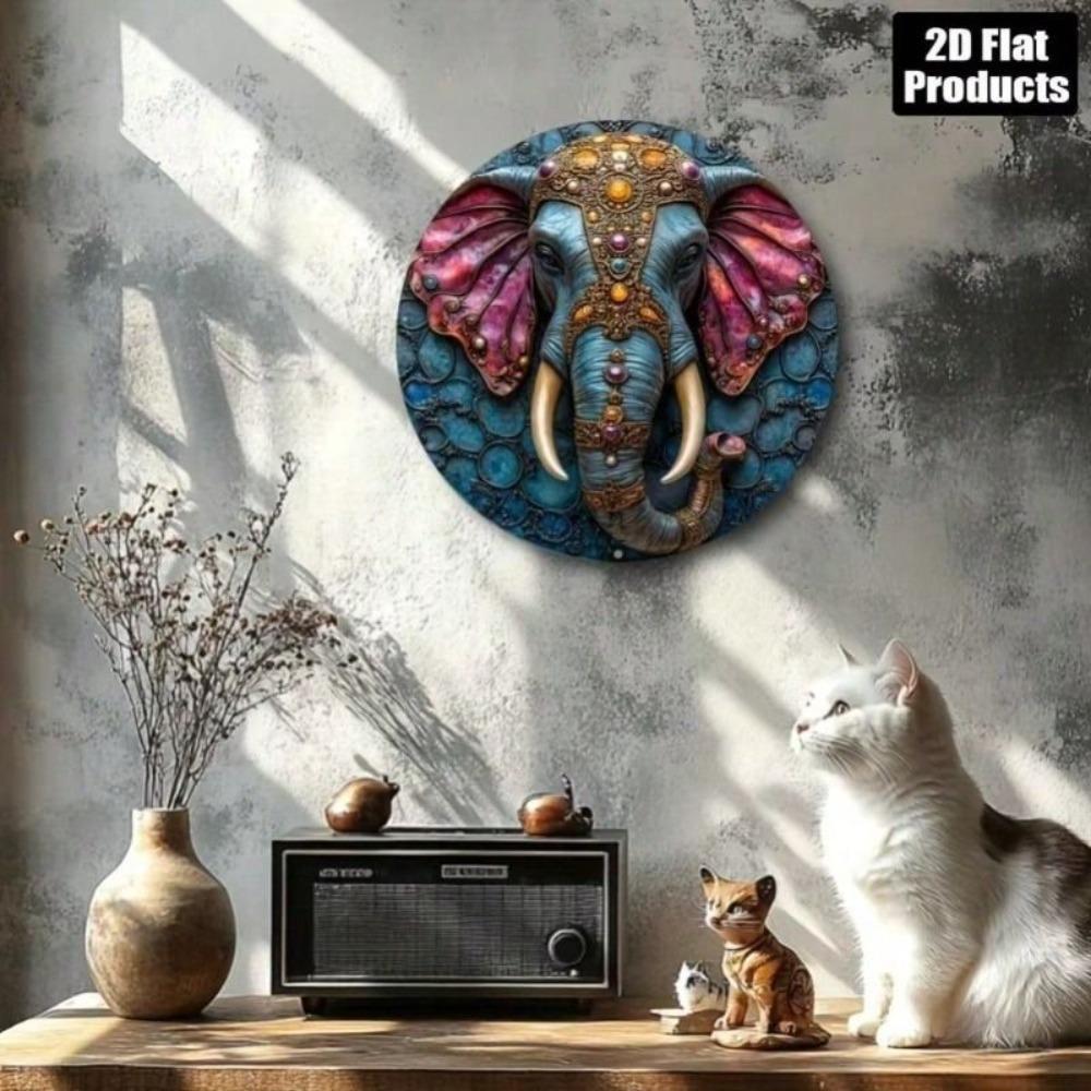 Metal Poster Wall Art Elephant Round for Bar Kitchen