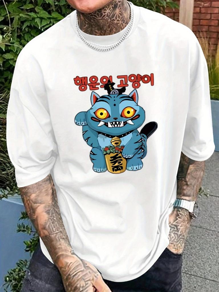 Men's Kpop Graphic T-shirt Navy Blue Anime Tee Cute Blue Character Lightweight Breathable Summer Shirt For Korean Pop Fans