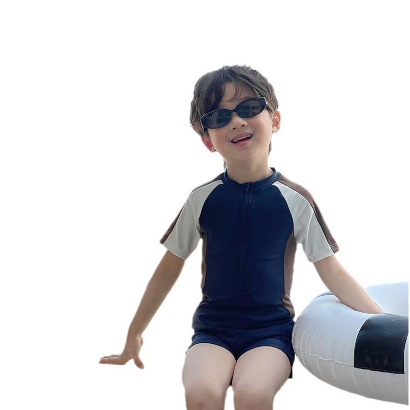 New Toddler Boys' Korean Style Black & White Color Block One-Piece Swimsuit - Quick-Drying & Sun-Protective