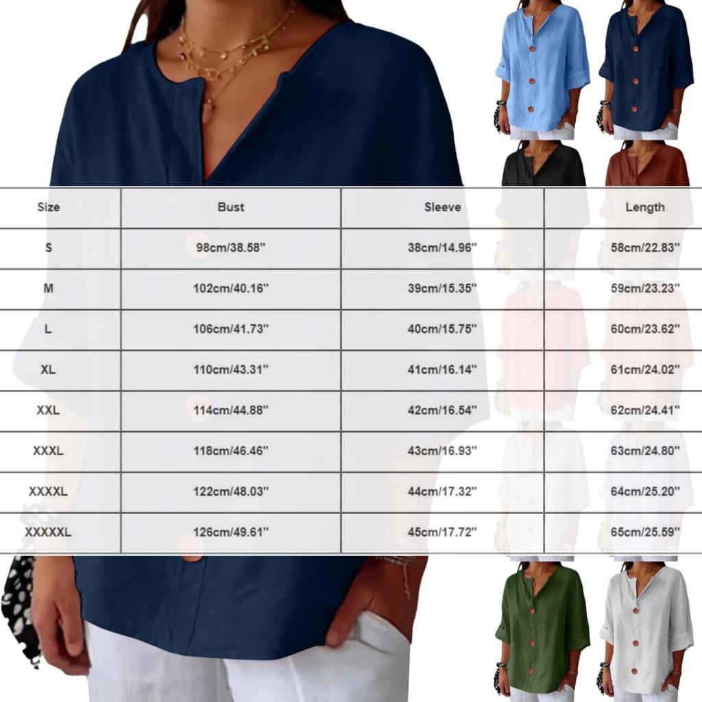 New Spring Summer Women'S Loose V-Neck Button-Up Cotton Linen Blouse, Casual T-Shirt Top Apparel