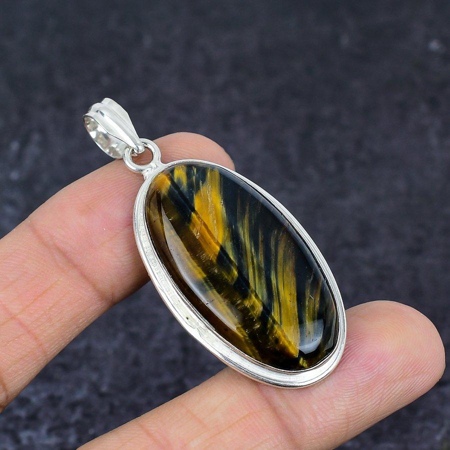 Tiger Eye Gemstone Handmade 925 Sterling Silver Jewelry Pendant 2.17" O2U25