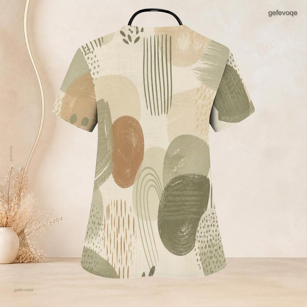 Top de uniforme de enfermera con estampado abstracto para mujer de talla grande, cuello en V, manga corta, con bolsillos delanteros
