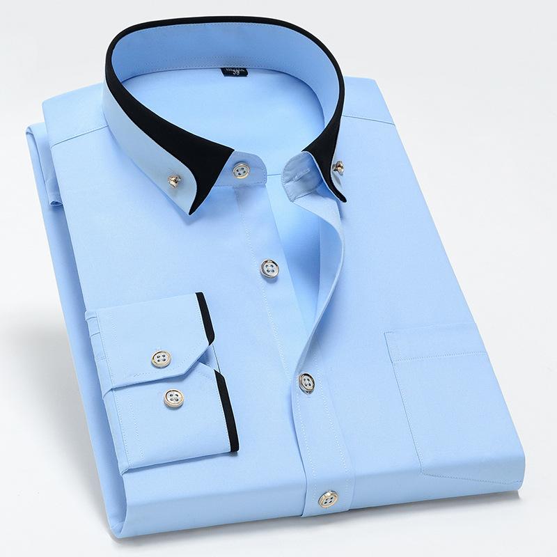 Men's Color-Block Collar Long Sleeve Dress Shirt with Crystal Buttons, Lapel Collar, Fashionable Business Casual Cardigan, Wrinkle-Free Stretch Shirt