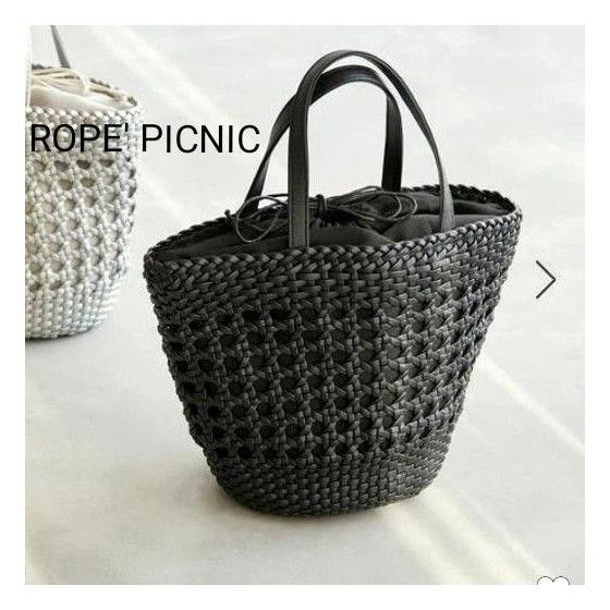 Final [ROPE  PICNIC] Rope Picnic Tote Bag Mesh Drawstring Bag Faux Leather Basket Bag Black Black