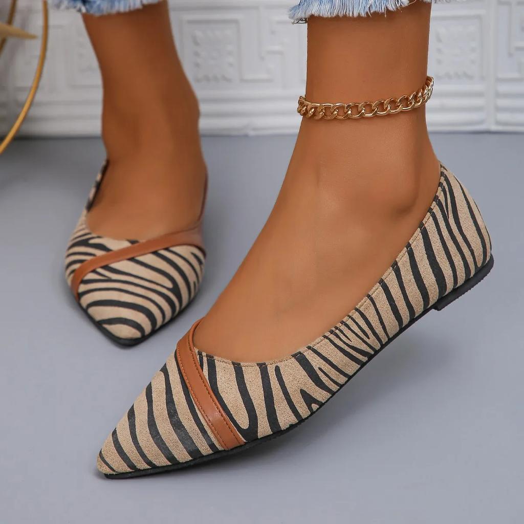 2024 Fashion New Woman Brown Stripe Shallow Pointed Toe Flats for Women's Walking Designer Casual Flat Shoes Zapatos De Mujer