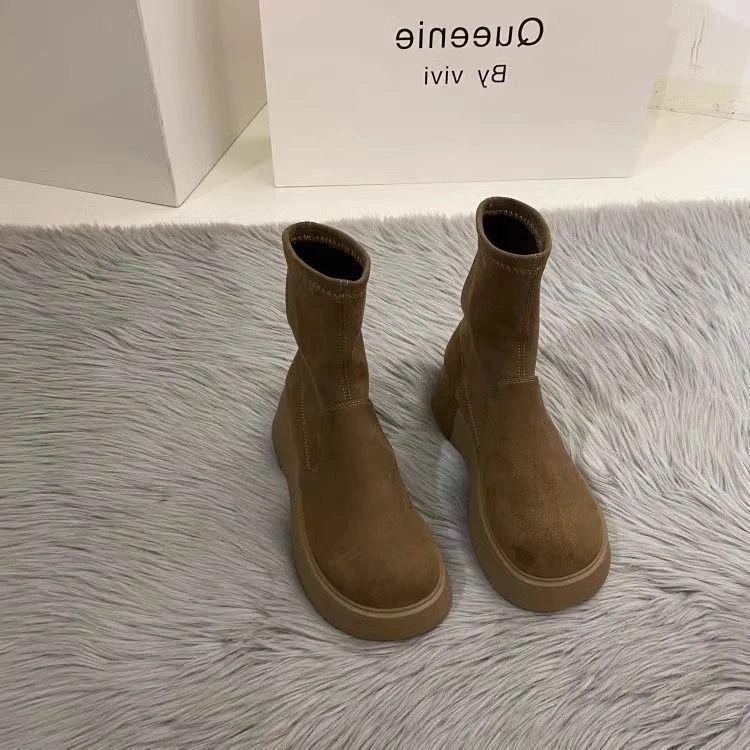 Increase the Sense of Women's Boots Martin Boots Elastic Shit Thick Bottom Flat Bottom Step On Short Boots Women
