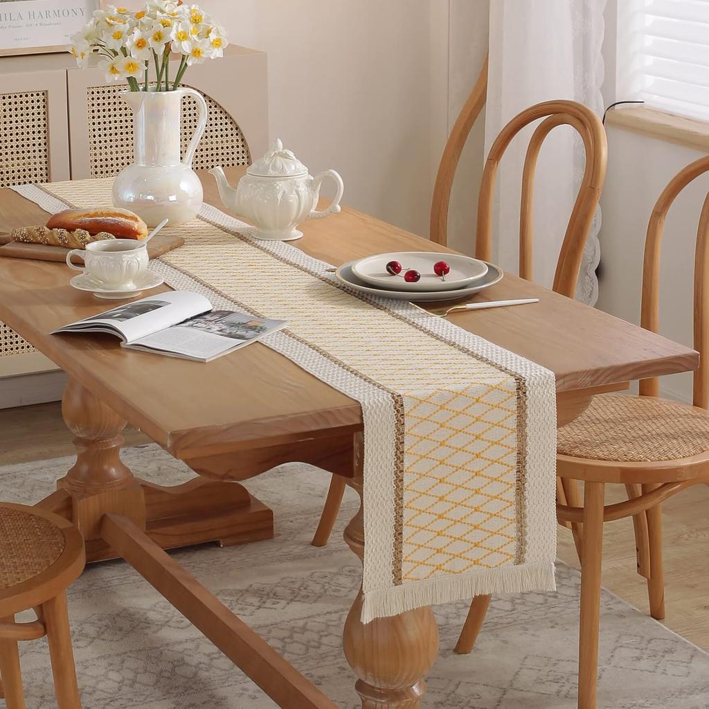 Böhmische Rustikale Hochzeitsdeko Baumwolle Leinen Tischläufer mit Quasten