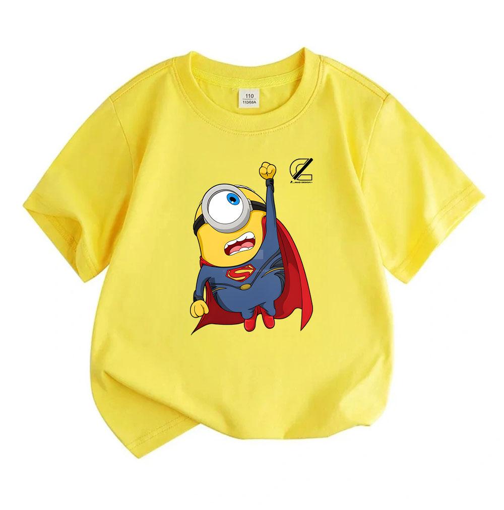 Kids Boys Girls 100% Cotton Crew Neck Short Sleeve T-Shirt, Funny Cute Flying Super Hero Minion Print Casual Comfortable Tee for Children Daily Outdoo