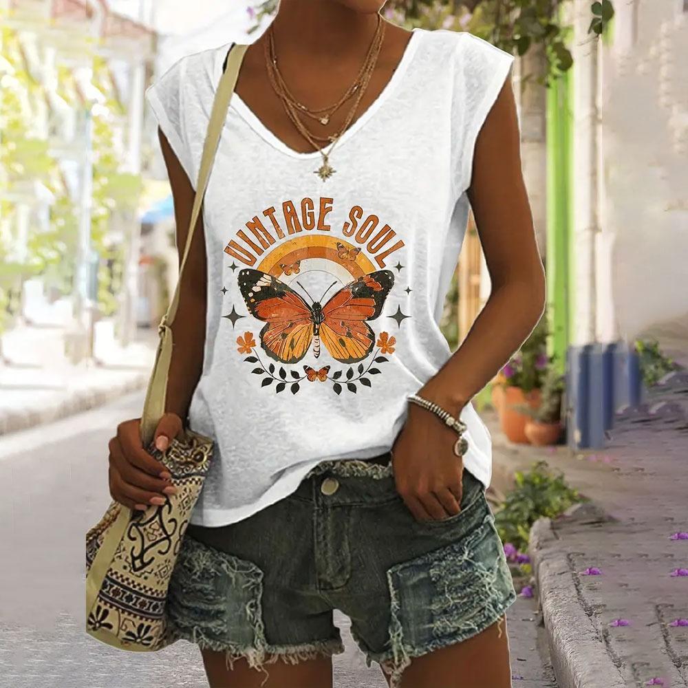 Women's V-Neck T-shirts Casual Fashionable White Sleeveless Vest 3d Sunflower Print Basic Tops Simple Style Summer Tees Shirts