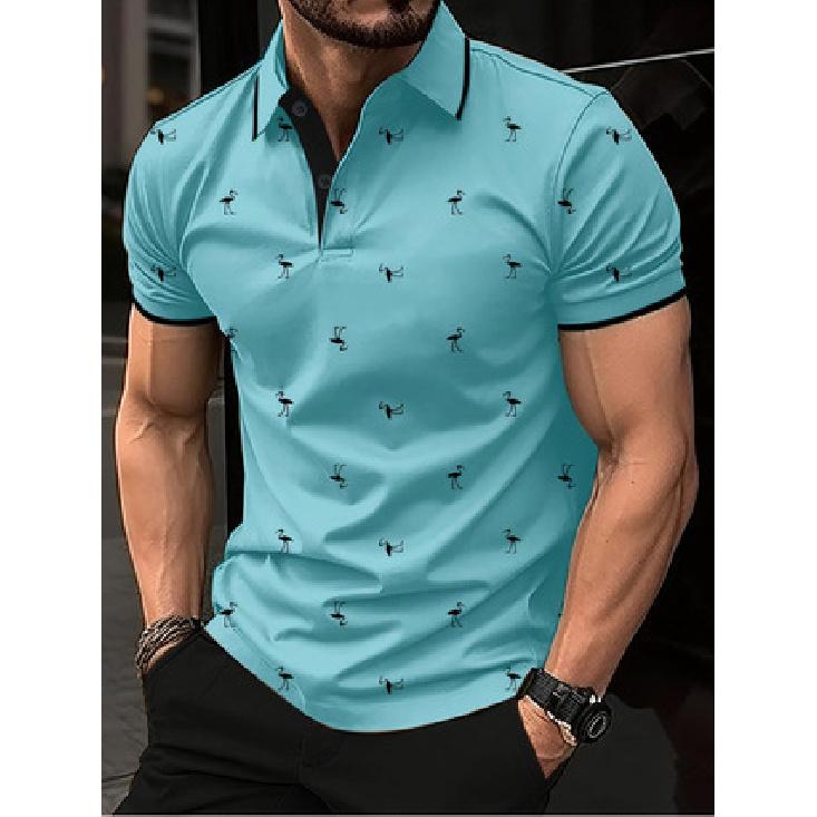 Men's Flamingo Print Short-Sleeve Polo Shirt with Stylish and Unique Design for Street Fashion