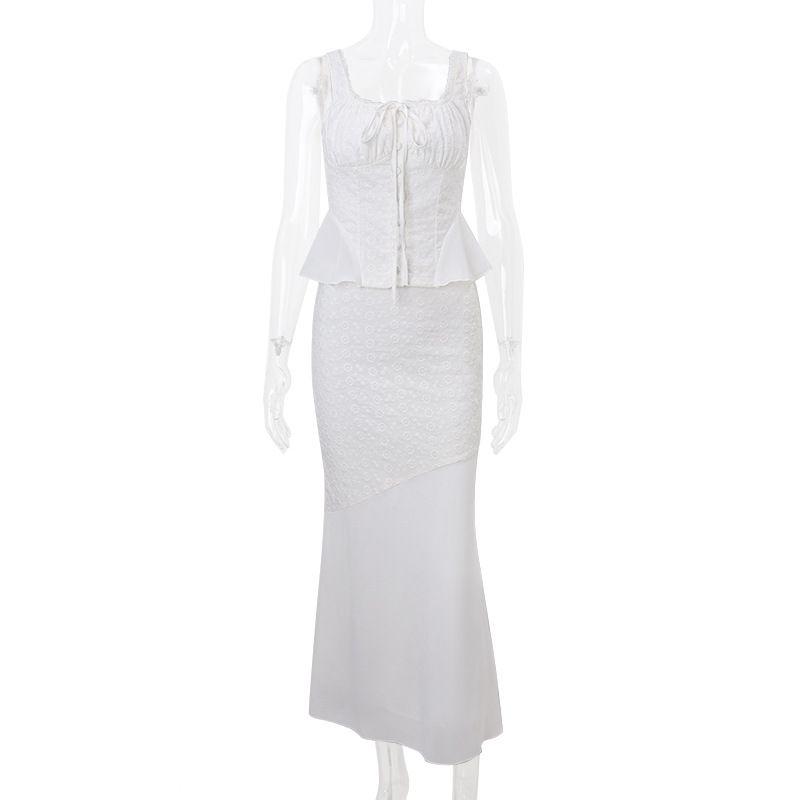 

Fashion Ins New Arrival Fashion Square Collar Lace Lace-Collared Blouse Sexy High Waist Silm Slimming Fishtail Skirt Suit Female White L