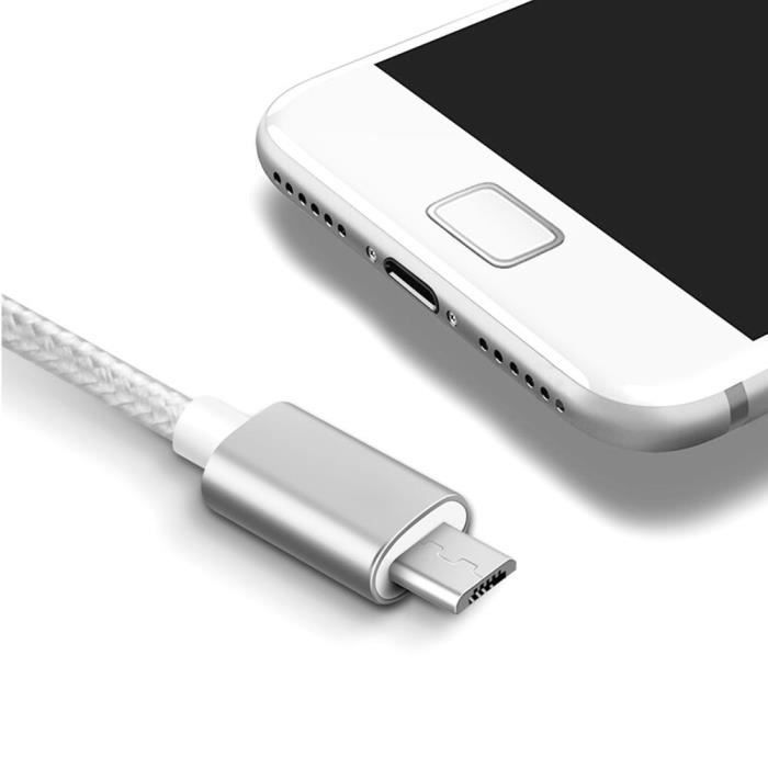 Câble Micro USB - PROSHOP - 1M - Nylon Argenté - Compatible Android - Charge Rapide