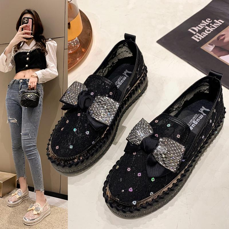 Fashion Women's Sandals 2025 Summer New Chunky Bottom Soft Hollo Out Mesh Flat Shoes Rhinestone Bow Breathable Sneakers Zapatillas Mujer