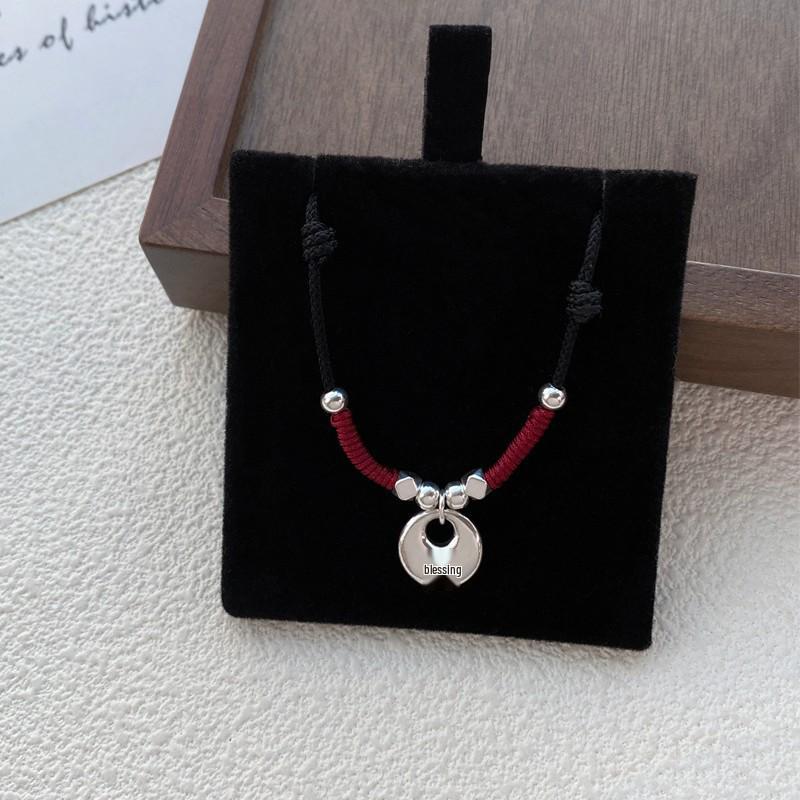 Adjustable 999 Sterling Silver Chinese Fu Necklace for Women with Safe Auspicious Cloud Buckle & Hand-woven Rope