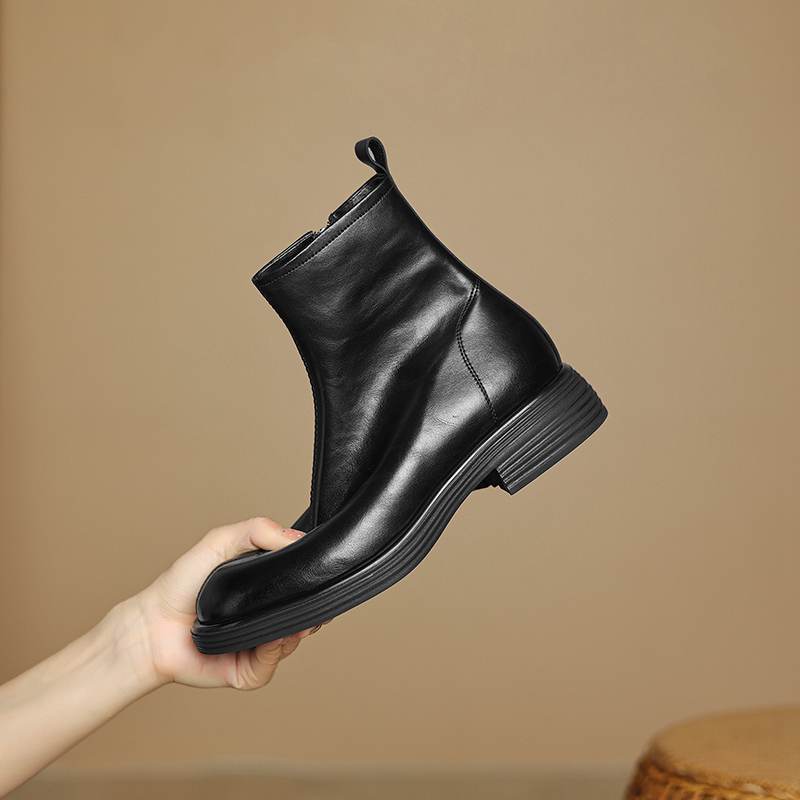 Krazing Pot Boty z kravské kůže podzim zima střední podpatky velikost 43 velikost 42 kulatá špička zip retro kožíšek udržují teplo kotníkové boty