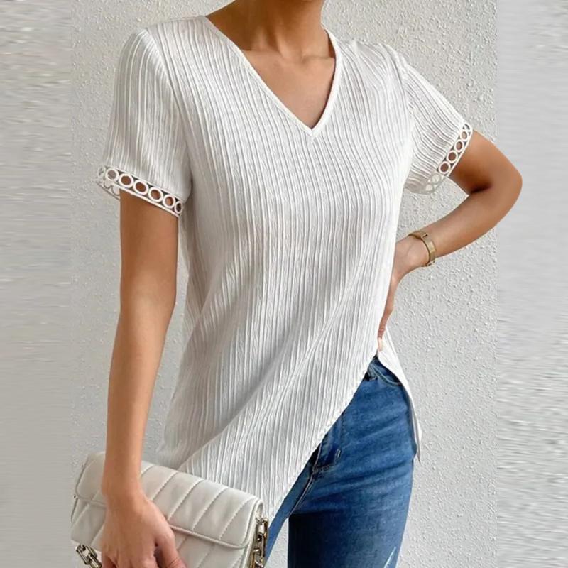 

Женские летние повседневные топы с короткими рукавами и нерегулярным подолом из кружева L белый