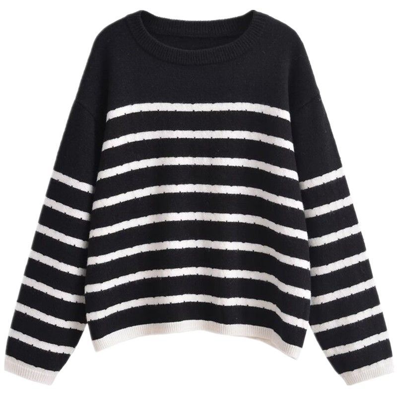 

Fashion Style Fall and Winter New Arrival Women s Clothing Slimming Versatile Long Sleeves round Neck Stripes Knitwear 9598141 104 Black L