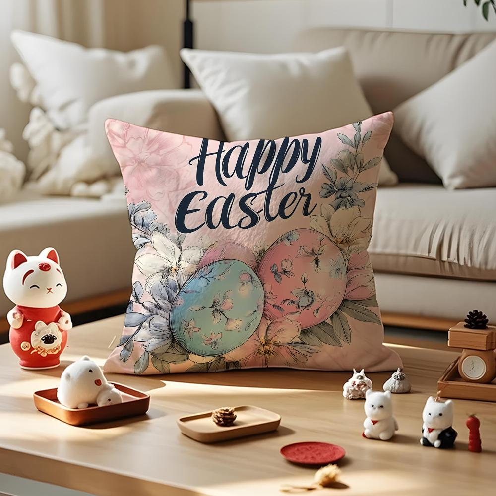 Happy Easter Bunny Cushion Cover Silky Short Plush with Invisible Zipper Dustproof Sofa Pillow Case for Home Decor