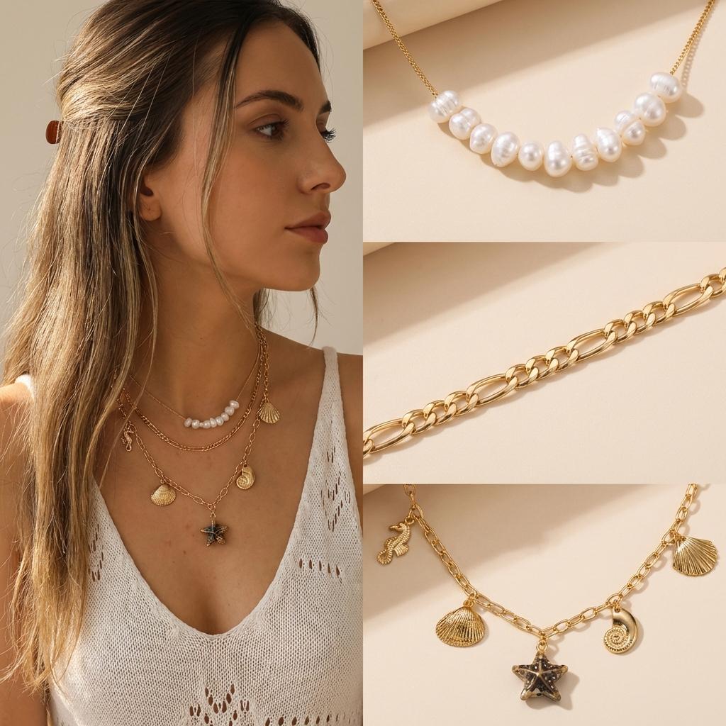 3pcs Ceramic Starfish Pendant Necklace for Women Metal Shell Conch Multi-Layered Clavicle Chain Summer Vacation Travel Jewelry