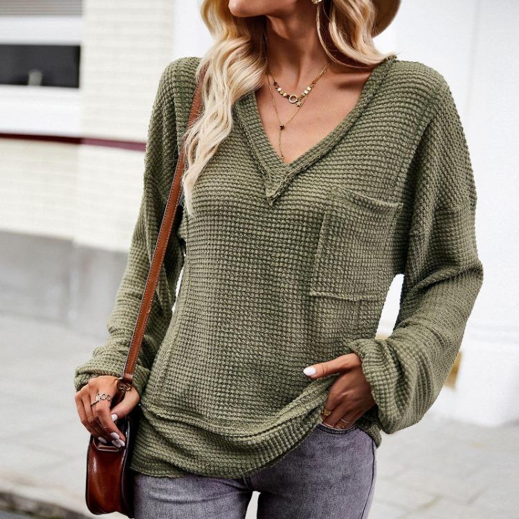 Autumn Winter Women Solid Color V Neck Knit Sweater Long Sleeve Top
