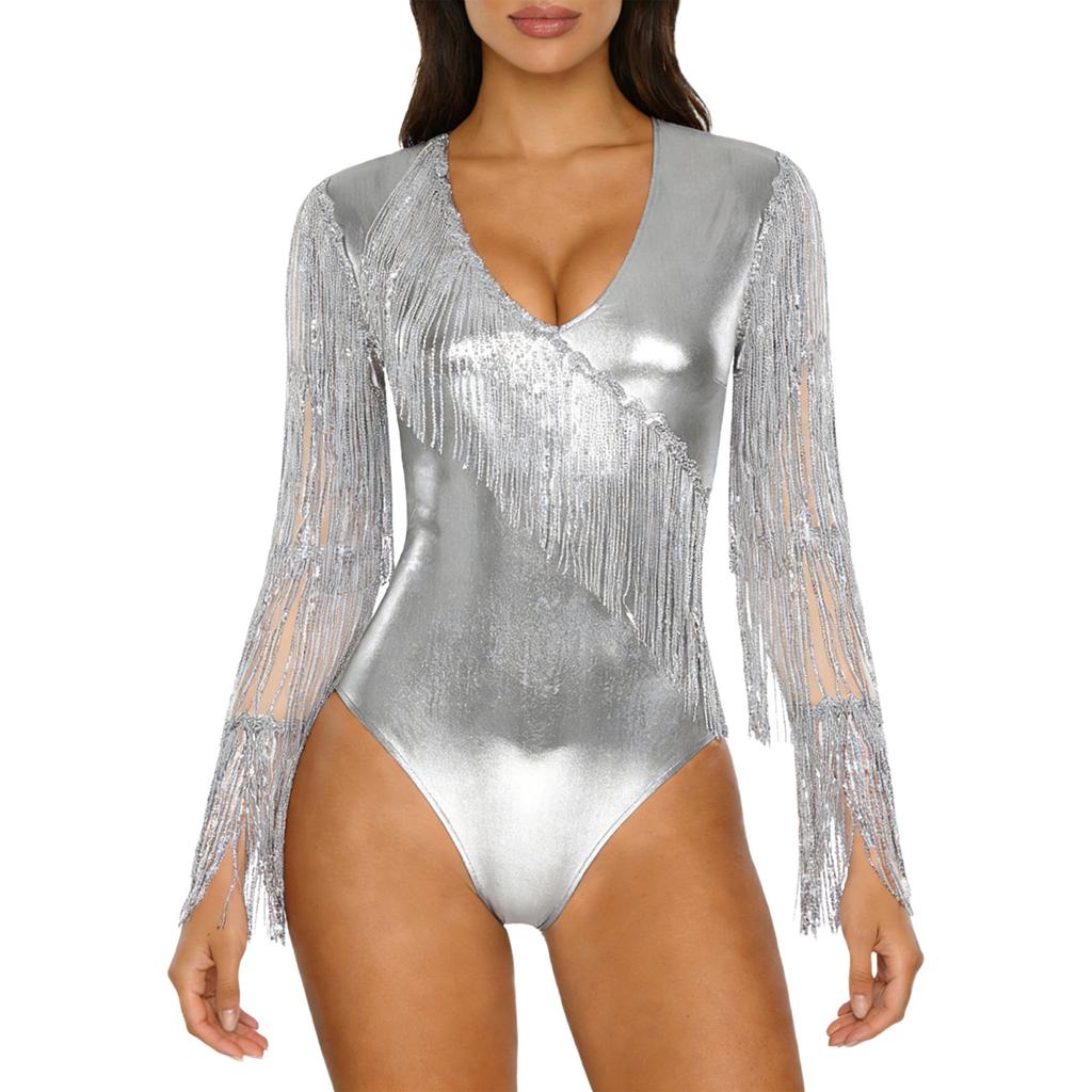 Womens Metallic Shiny Club Bodysuit Tiered Sequin Tassel Mesh Long Sleeve Dance Jumpsuit