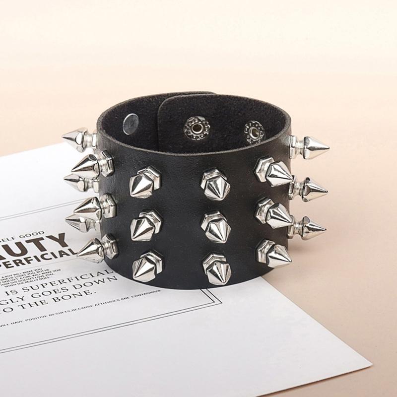 Spiked Studded Bracelet Black Leather Rivets Punk Bracelet Cuff Wrap Bangle Metal Snap Button Wristband for Men Women