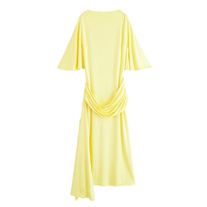 Women s Round Neck Short Sleeve Maxi Dress Slim Fit Mid Rise Draped Ruched Casual Long Dress XS