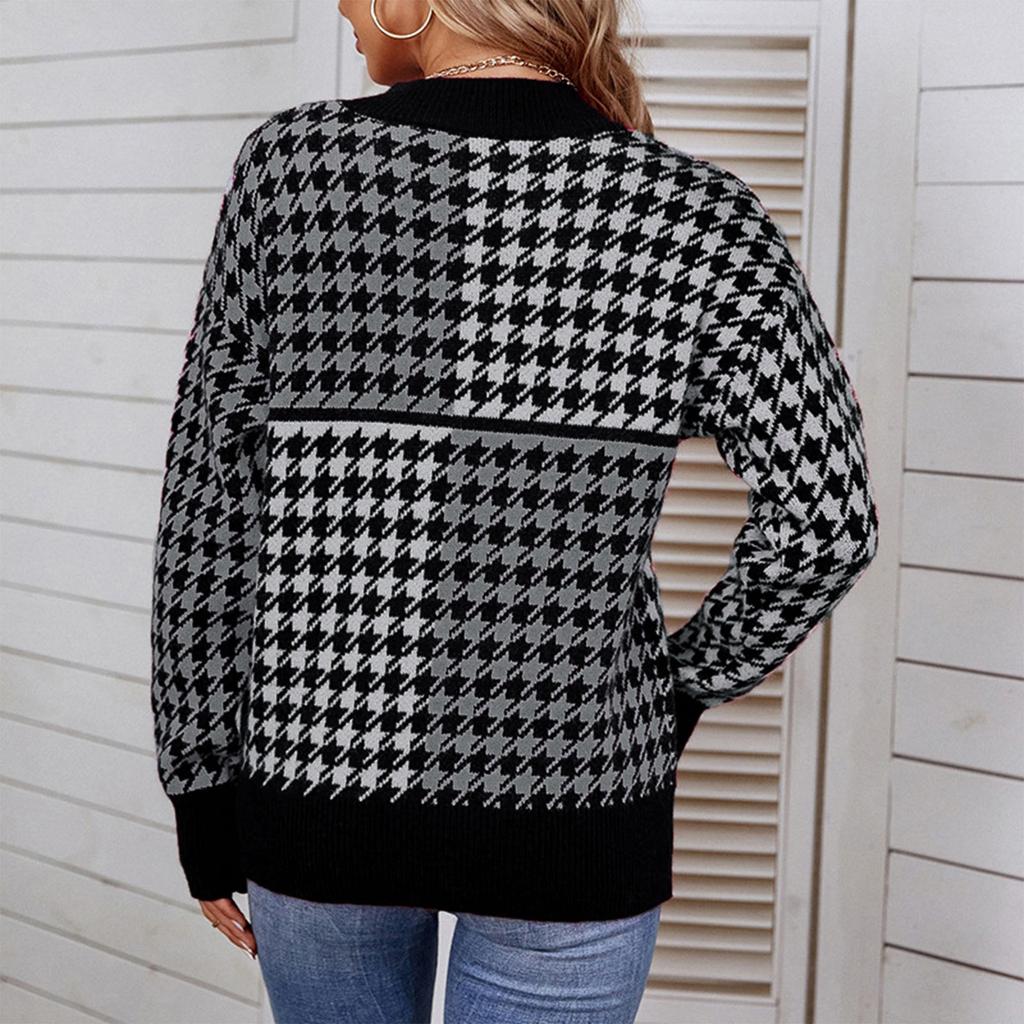 Ladies Fashion Casual Loose Knit Contrast Houndstooth Pullover Sweater