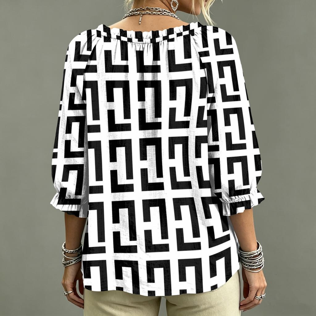 Women's Casual Plaid V-Neck Ruffle Blouse with Tie Neck