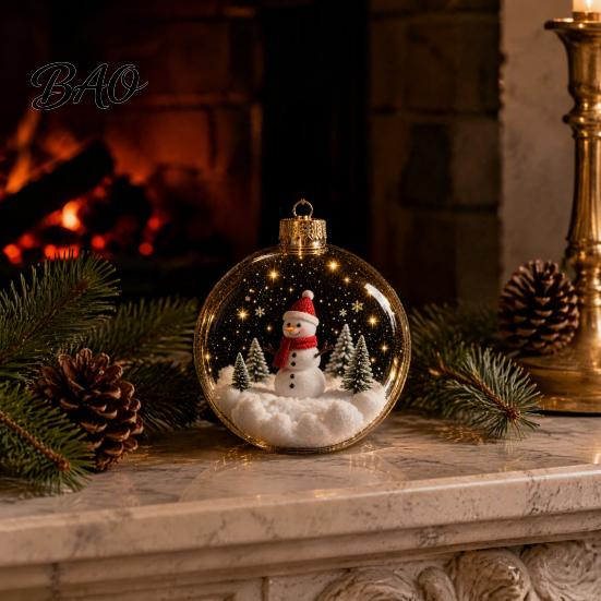 Modern Christmas Tree Hanging Lights Glowing Decorative Ball, Lighted Ornament with Festive Scene, LED Illuminated Holiday Mantel Accents Decor