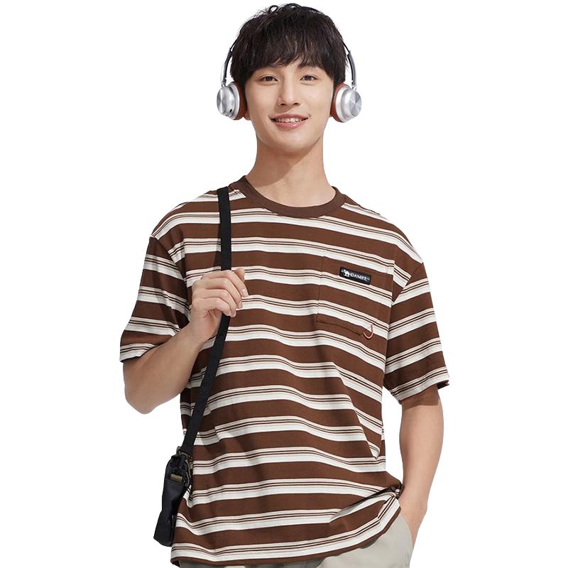 Camel Unisex 2025 Summer Striped Pure Cotton Round Neck T-Shirt XL