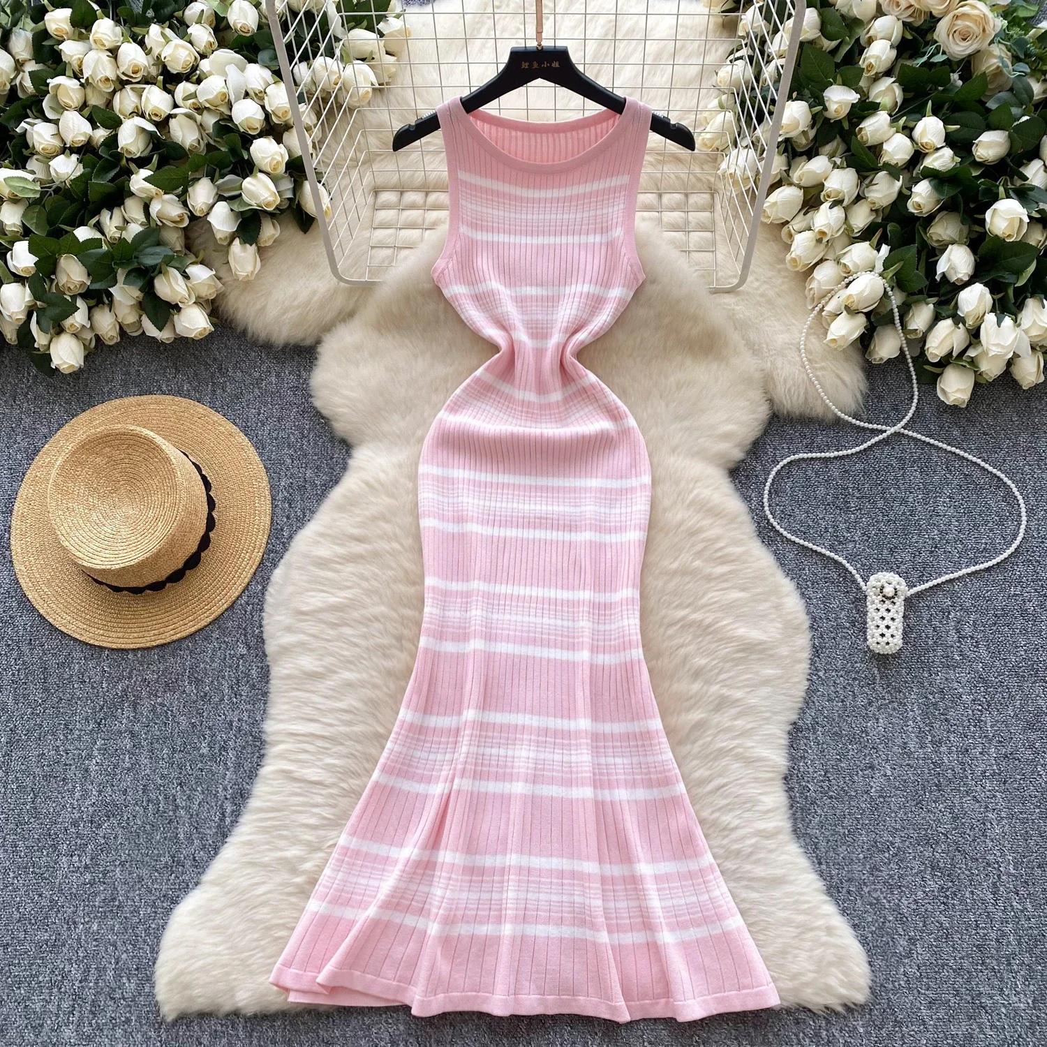 

Элегантное летнее женское платье без рукавов с круглым вырезом в полоску, шикарное трикотажное облегающее длинное платье миди с вырезом «рыбий хвост» для отдыха на улице One Size розовый