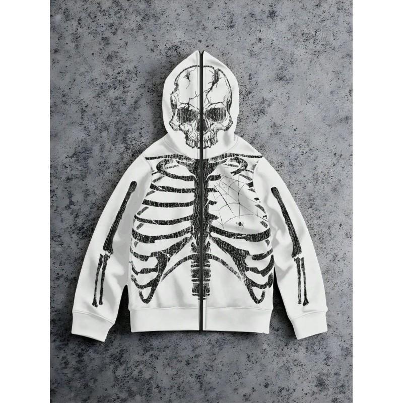 Y2K Gothic Skull Print Hooded Zip-Up Sweatshirt Women Streetwear Oversized Fit