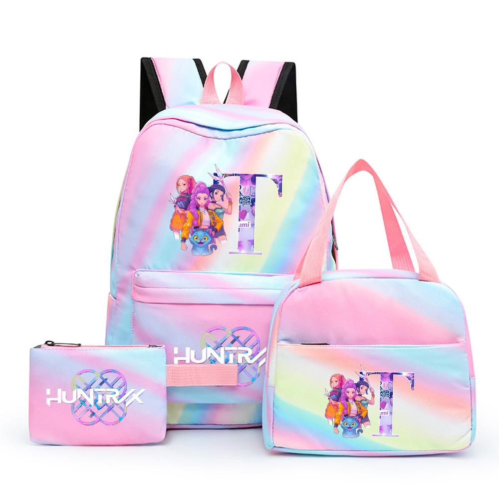 3 Stück/Set Anime Cartoon 26 Englische Buchstaben Bedruckter Rucksack mit Lunchtasche Mäppchen für Teenager Mädchen Junge Schultasche Großes Fassungsvermögen Reisetasche