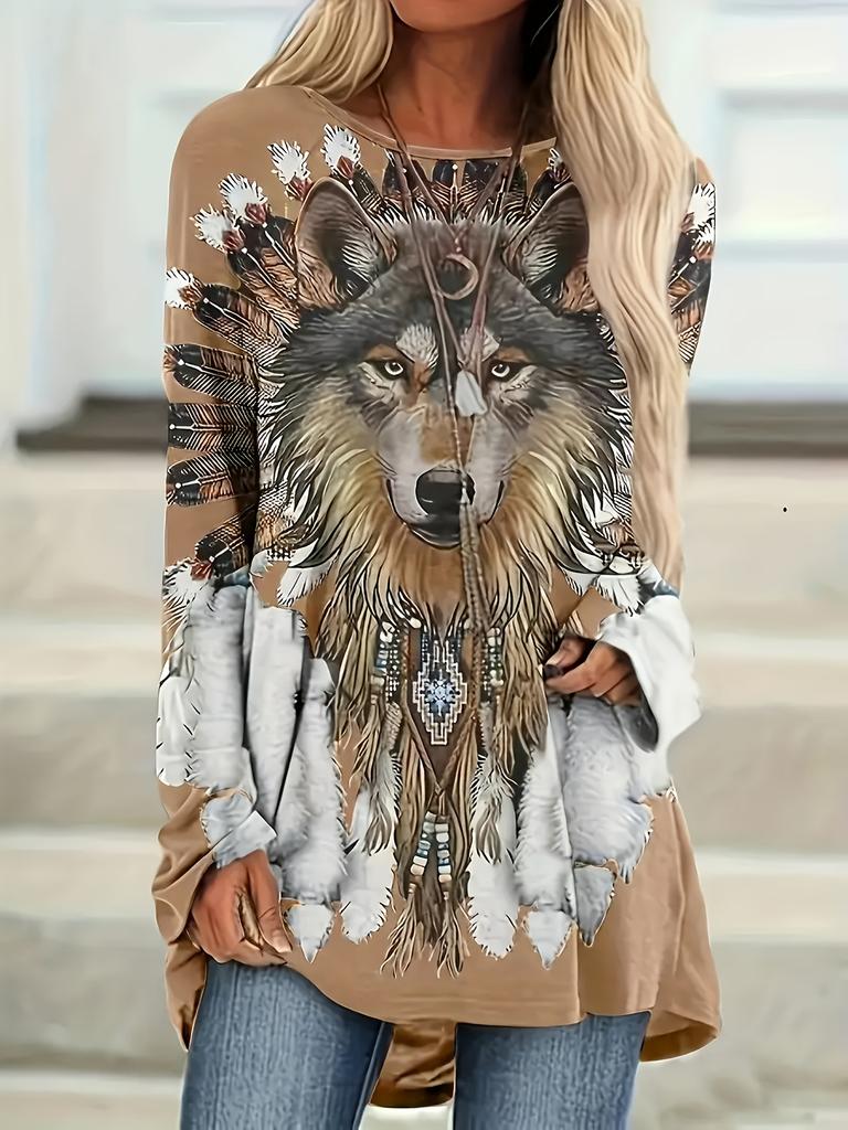 Autumn and Winter European and American Casual Hot Style Round Neck Long Sleeve Animal Wolf Head Print Women's Long Top
