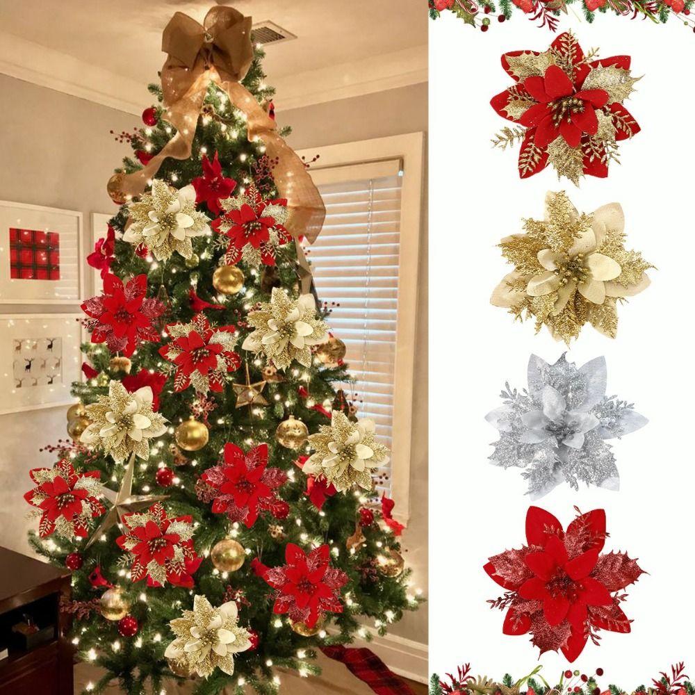 12Pcs With Clips Glitter Xmas Tree Ornaments Multi-color Christmas Floral Decorations  Wedding Decor